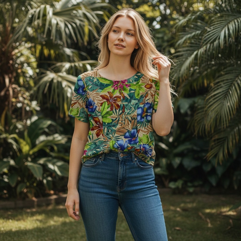 Maggy London Blouse Women 4P Multicolor Vintage Silk Tropical Floral Button Back